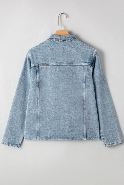 Scallop Trim Collar Mineral Washed Patched Pocket Denim Jacket