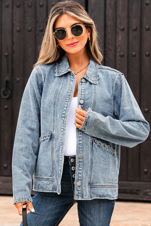 Scallop Trim Collar Mineral Washed Patched Pocket Denim Jacket