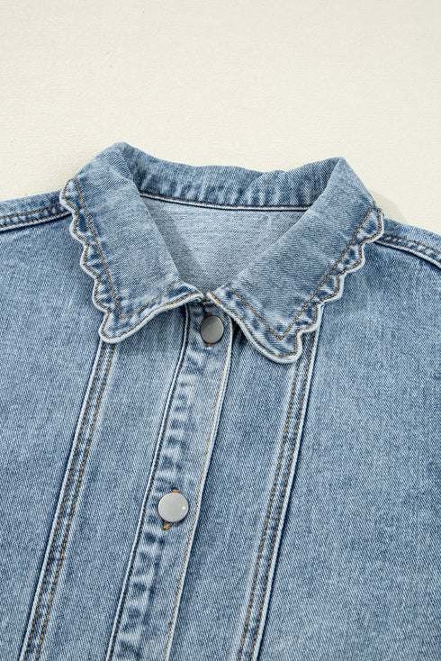 Scallop Trim Collar Mineral Washed Patched Pocket Denim Jacket