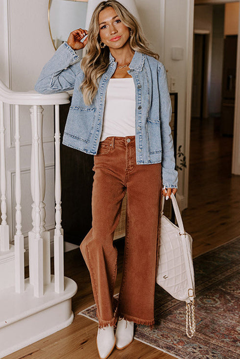 Scallop Trim Collar Mineral Washed Patched Pocket Denim Jacket