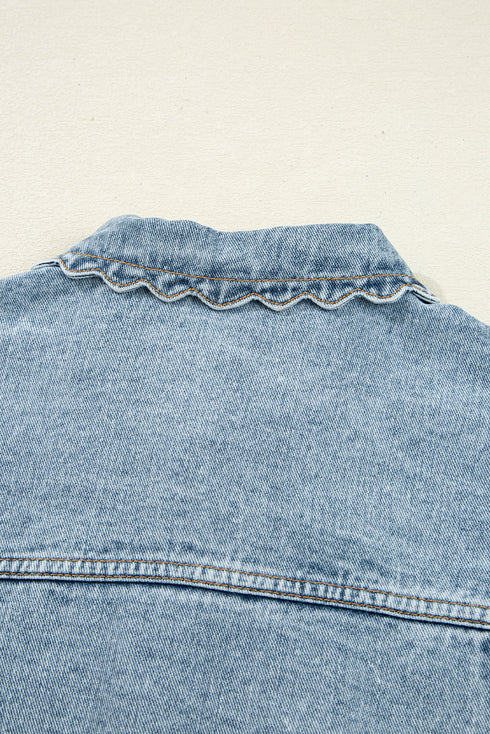 Scallop Trim Collar Mineral Washed Patched Pocket Denim Jacket