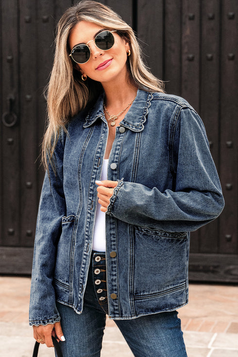Scallop Trim Collar Mineral Washed Patched Pocket Denim Jacket
