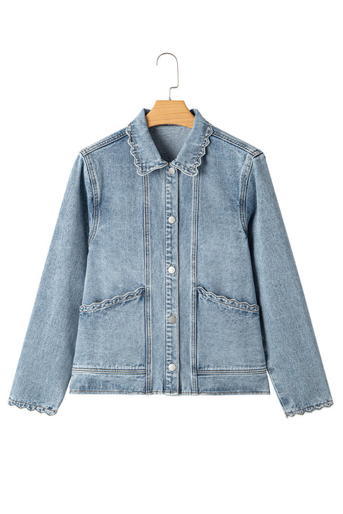 Scallop Trim Collar Mineral Washed Patched Pocket Denim Jacket