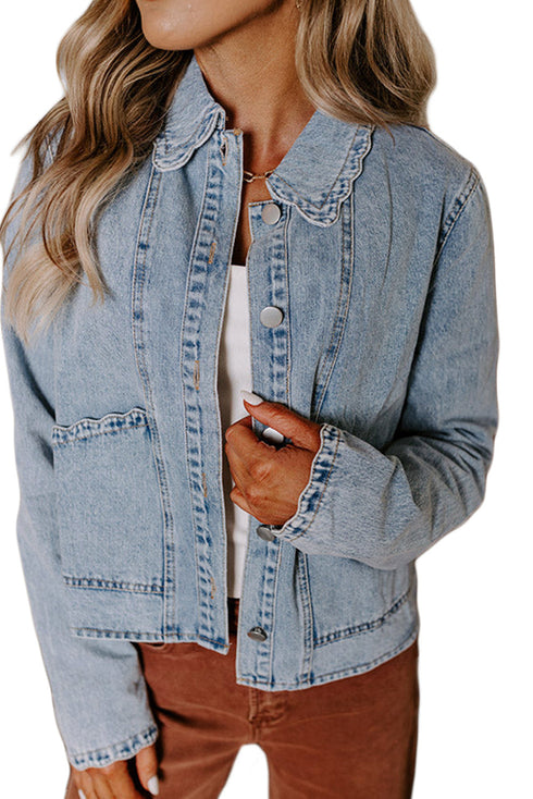 Scallop Trim Collar Mineral Washed Patched Pocket Denim Jacket