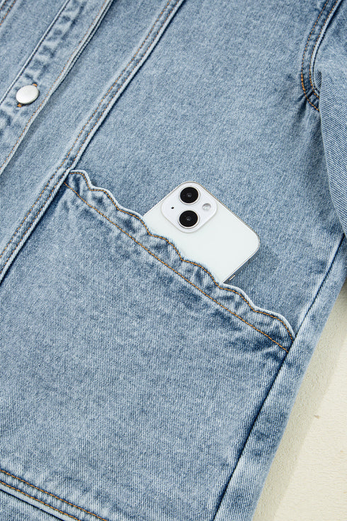 Scallop Trim Collar Mineral Washed Patched Pocket Denim Jacket