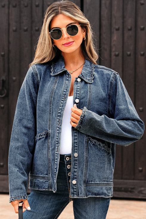 Scallop Trim Collar Mineral Washed Patched Pocket Denim Jacket