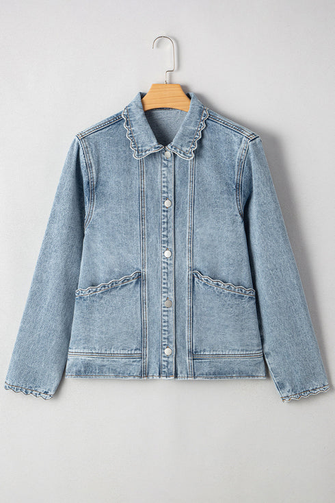 Scallop Trim Collar Mineral Washed Patched Pocket Denim Jacket