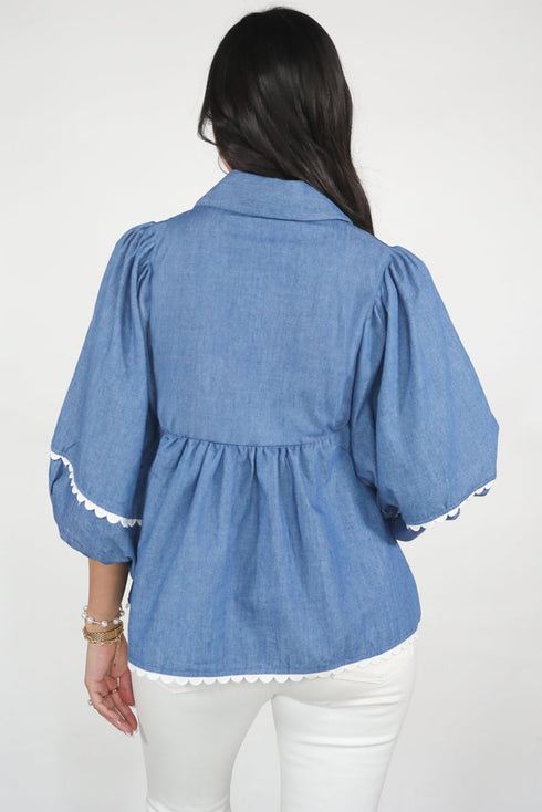 Scallop Trim Collared Puff Sleeve Denim Look Babydoll Top
