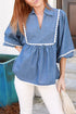 Scallop Trim Collared Puff Sleeve Denim Look Babydoll Top
