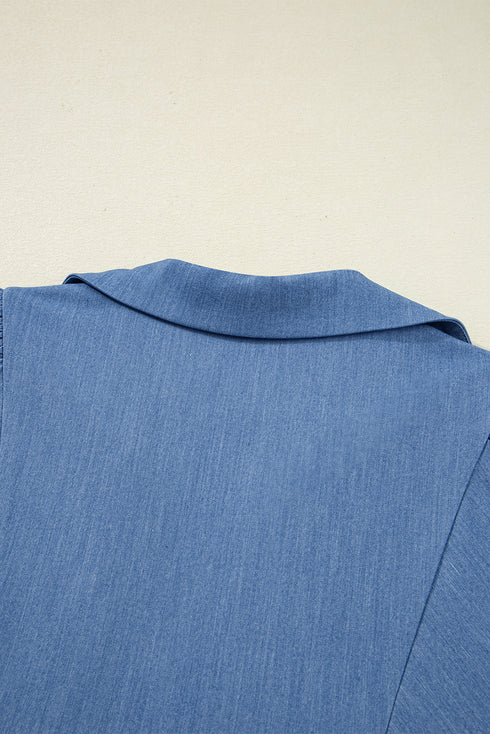 Scallop Trim Collared Puff Sleeve Denim Look Babydoll Top