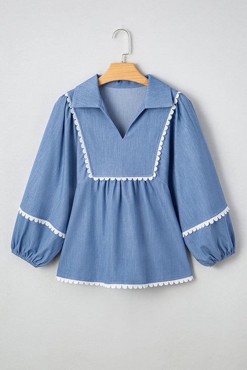 Scallop Trim Collared Puff Sleeve Denim Look Babydoll Top