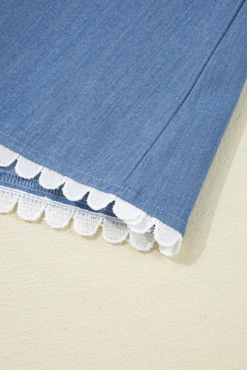 Scallop Trim Collared Puff Sleeve Denim Look Babydoll Top