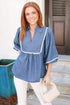 Scallop Trim Collared Puff Sleeve Denim Look Babydoll Top