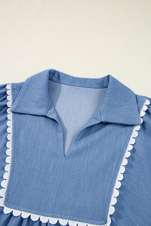 Scallop Trim Collared Puff Sleeve Denim Look Babydoll Top