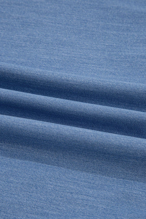 Scallop Trim Collared Puff Sleeve Denim Look Babydoll Top