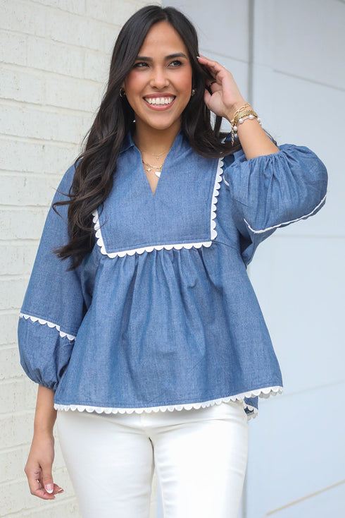 Scallop Trim Collared Puff Sleeve Denim Look Babydoll Top