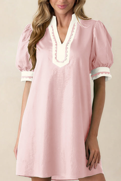 Scallop Trim Rick Rack Detail Puff Sleeve Mini Dress