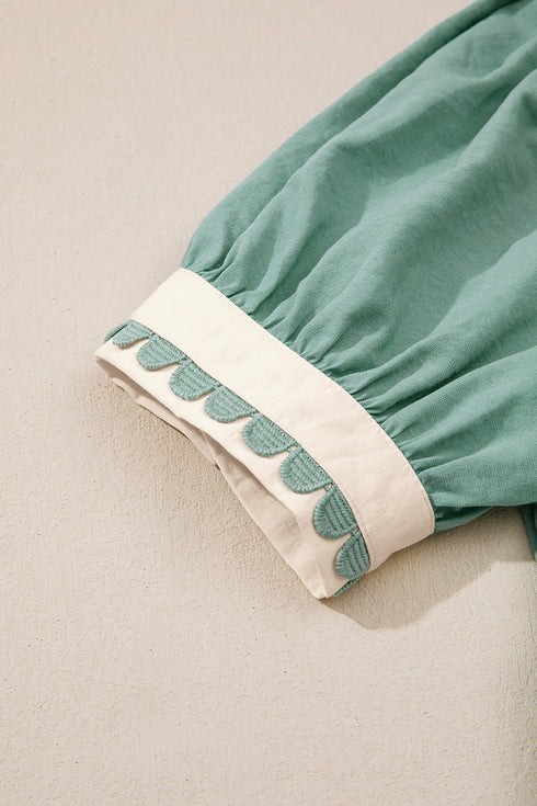 Scallop Trim Rick Rack Detail Puff Sleeve Mini Dress