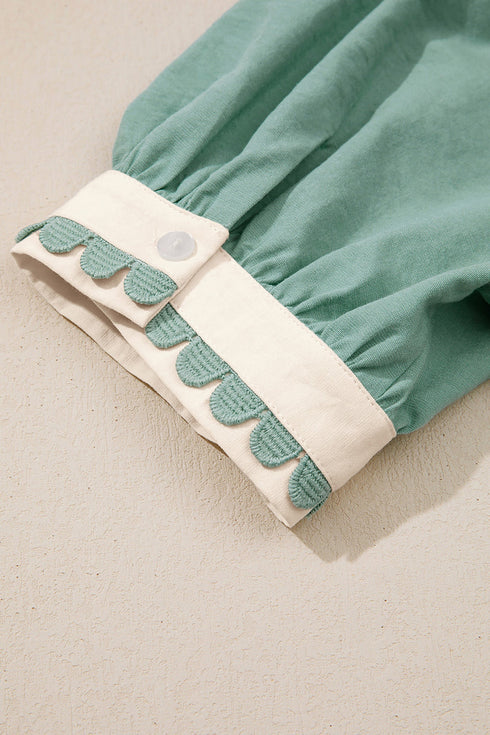 Scallop Trim Rick Rack Detail Puff Sleeve Mini Dress