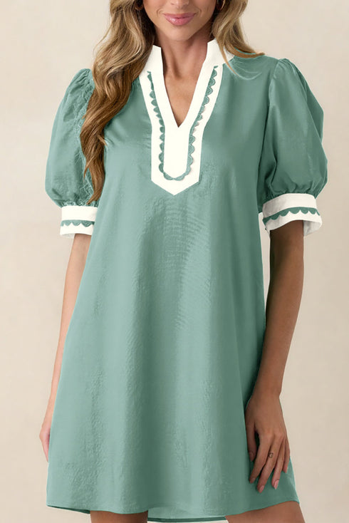 Scallop Trim Rick Rack Detail Puff Sleeve Mini Dress