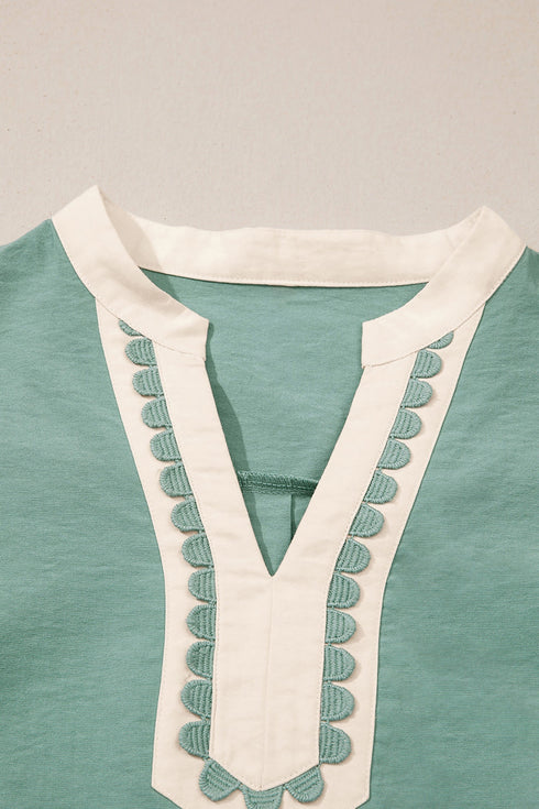 Scallop Trim Rick Rack Detail Puff Sleeve Mini Dress