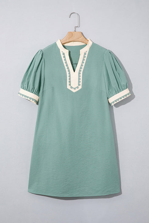 Scallop Trim Rick Rack Detail Puff Sleeve Mini Dress