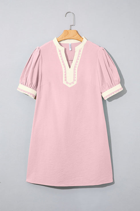 Scallop Trim Rick Rack Detail Puff Sleeve Mini Dress