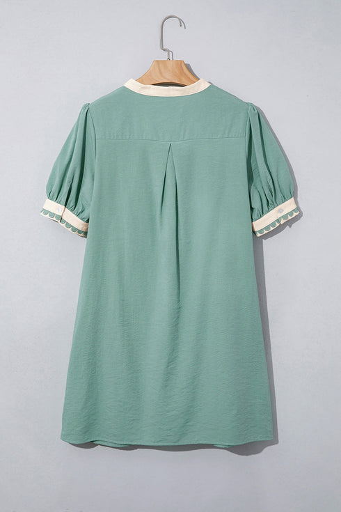 Scallop Trim Rick Rack Detail Puff Sleeve Mini Dress