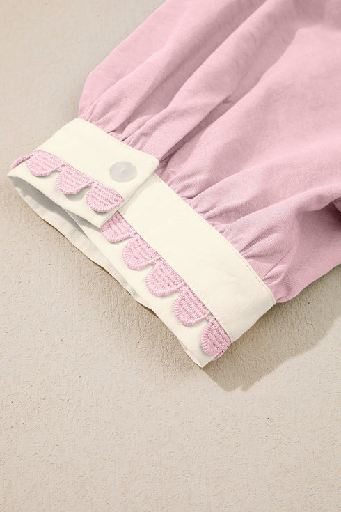 Scallop Trim Rick Rack Detail Puff Sleeve Mini Dress