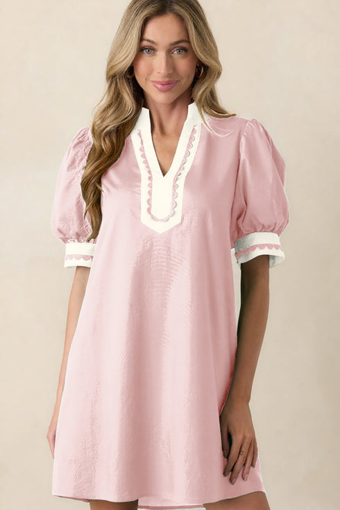 Scallop Trim Rick Rack Detail Puff Sleeve Mini Dress