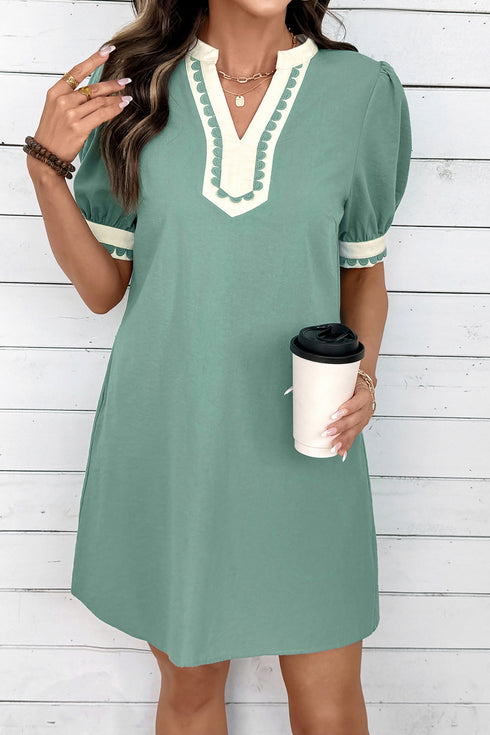Scallop Trim Rick Rack Detail Puff Sleeve Mini Dress