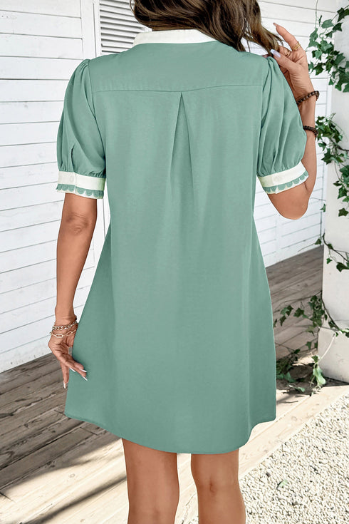Scallop Trim Rick Rack Detail Puff Sleeve Mini Dress