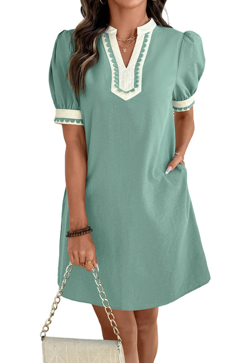 Scallop Trim Rick Rack Detail Puff Sleeve Mini Dress