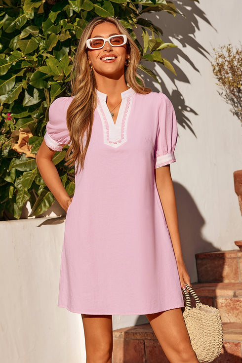 Scallop Trim Rick Rack Detail Puff Sleeve Mini Dress