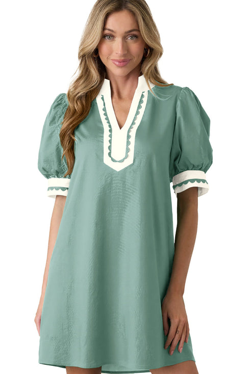 Scallop Trim Rick Rack Detail Puff Sleeve Mini Dress