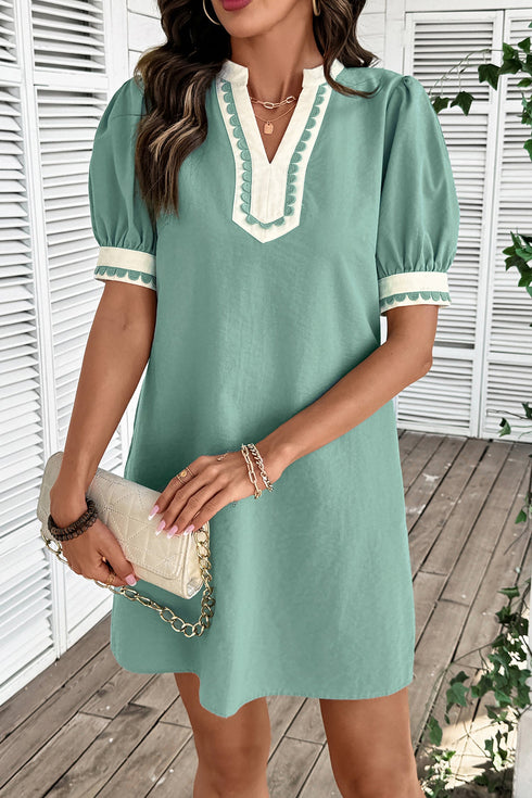 Scallop Trim Rick Rack Detail Puff Sleeve Mini Dress