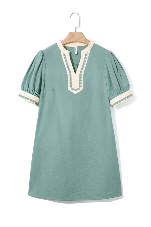 Scallop Trim Rick Rack Detail Puff Sleeve Mini Dress