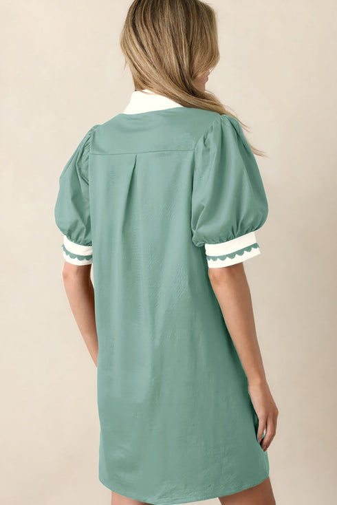 Scallop Trim Rick Rack Detail Puff Sleeve Mini Dress