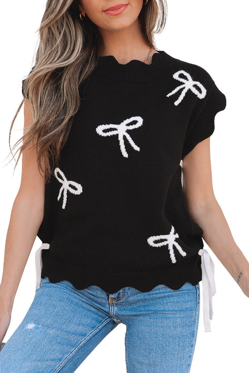 Scalloped Bow Motif Side Tie Knit Sweater Vest