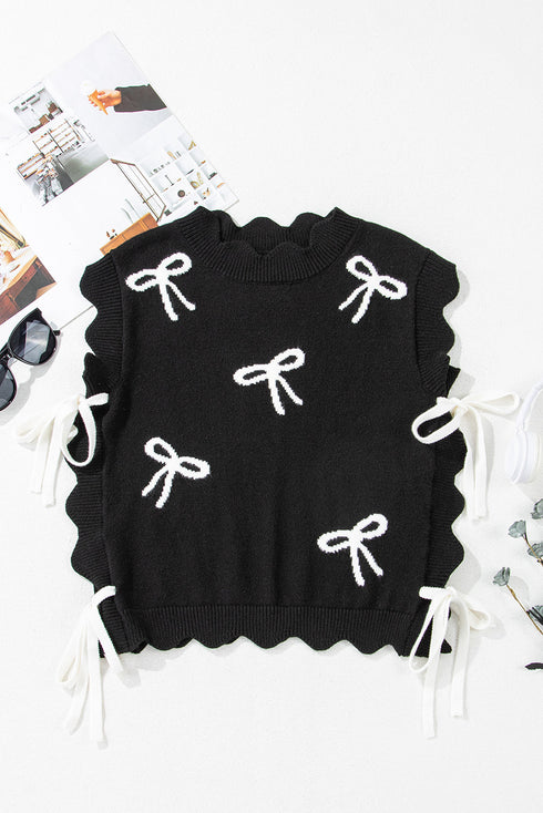 Scalloped Bow Motif Side Tie Knit Sweater Vest