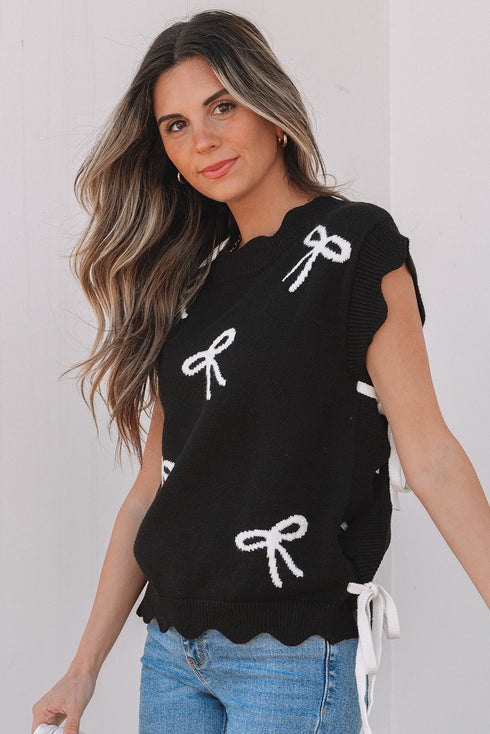 Scalloped Bow Motif Side Tie Knit Sweater Vest