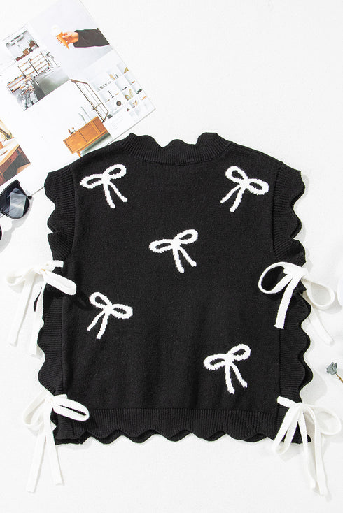Scalloped Bow Motif Side Tie Knit Sweater Vest