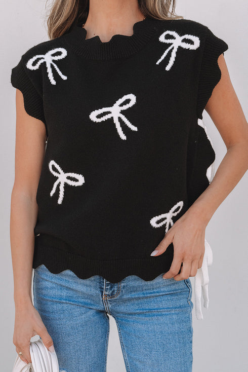 Scalloped Bow Motif Side Tie Knit Sweater Vest