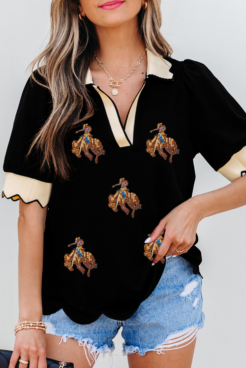 Scalloped Collar Short Sleeve Western Rodeo Graphic Tee
