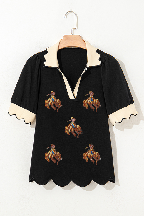 Scalloped Collar Short Sleeve Western Rodeo Graphic Tee