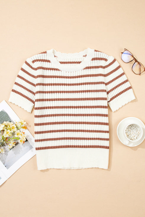 Scalloped Crew Neck Striped Textured Short Sleeve Sweater
