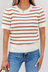 Scalloped Crew Neck Striped Textured Short Sleeve Sweater