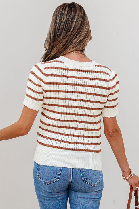 Scalloped Crew Neck Striped Textured Short Sleeve Sweater