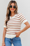 Scalloped Crew Neck Striped Textured Short Sleeve Sweater
