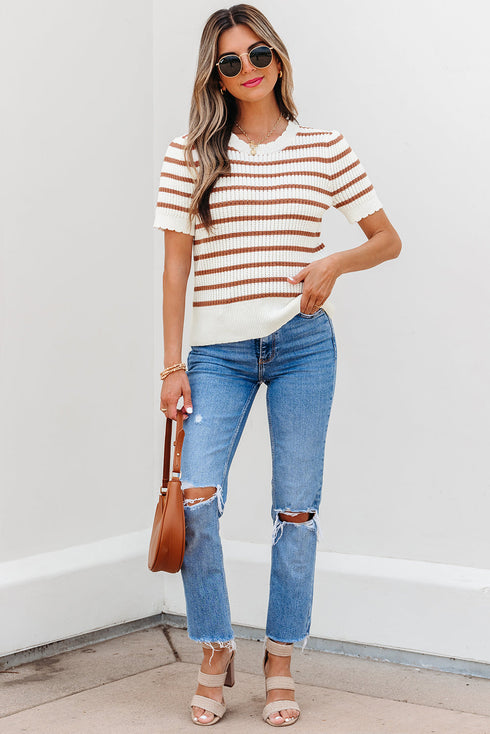 Scalloped Crew Neck Striped Textured Short Sleeve Sweater